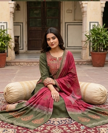 Fancy neck yoke mirror emb cotton suit with Dupatta