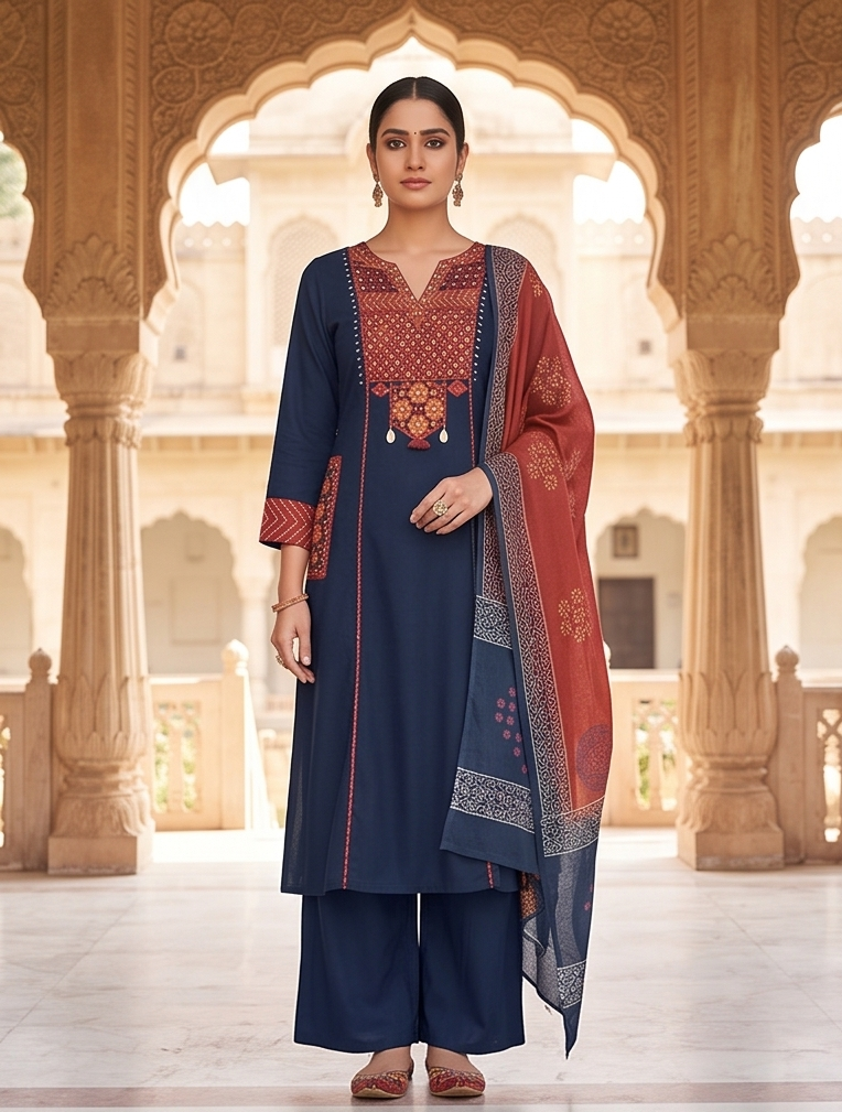 Fancy neck yoke mirror emb cotton suit with Dupatta