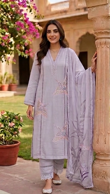 Lilac Swan Emb. with lace and Dupatta