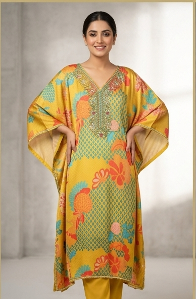 Kaftan set printed with Embroidery