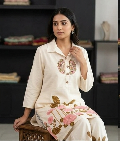 Cord set printed with neck embroidery