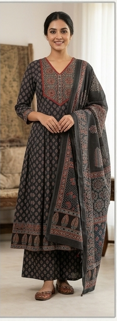 Azrak print Kalidar suit with dupatta