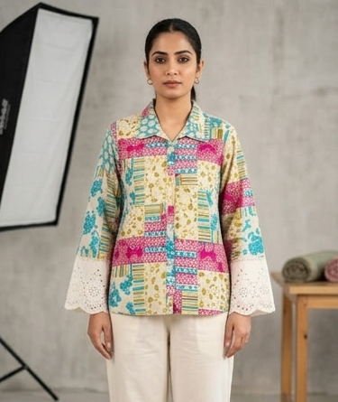 Hakoba cotton printed cord set offwhite