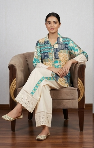 Hakoba cotton printed cord set offwhite