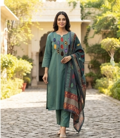 Azrak Applique on neck with cotton dupatta