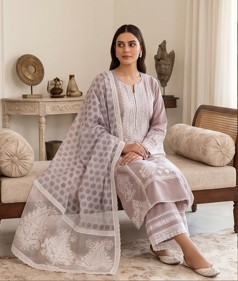Pink n Lilac white embroidery with Polka dupatta