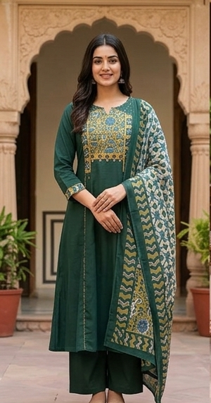 Azrak yoke with kantha stitch front n back with cotton dupatta