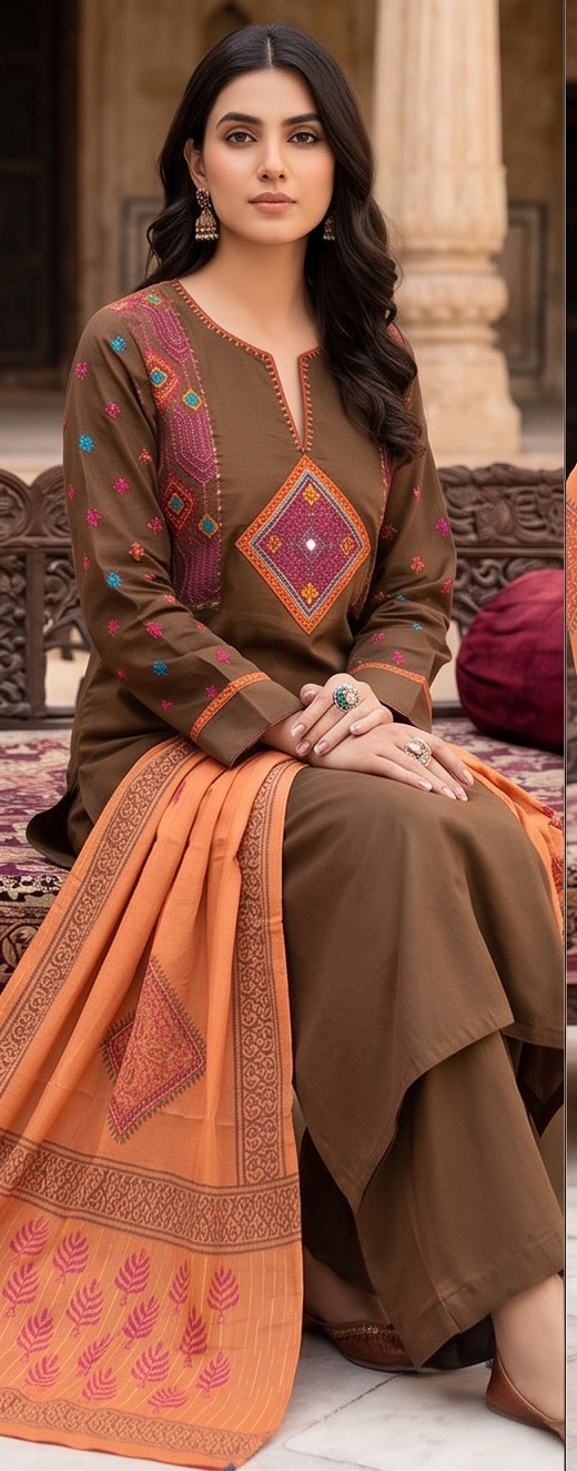 Square yoke with sleeve embroidery and orange dupatta