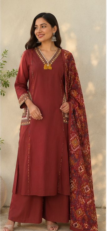 Fancy cotton desiner suit V neck with dupatta