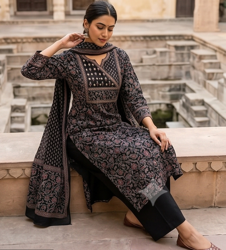 Mal Cotton Printed suit with angarakha yoke& kota dupatta