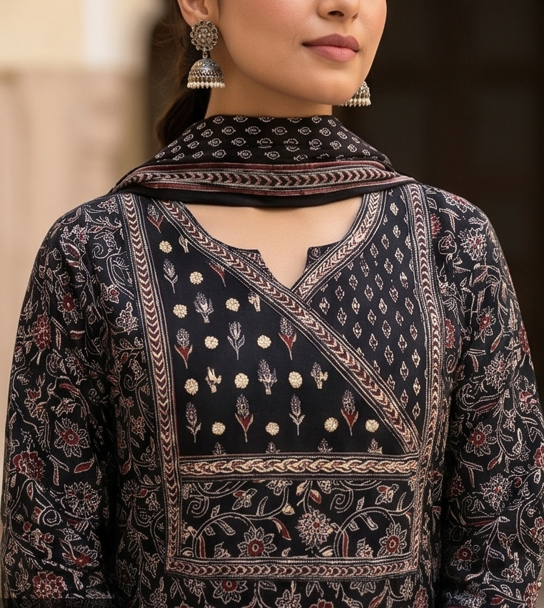 Mal Cotton Printed suit with angarakha yoke& kota dupatta