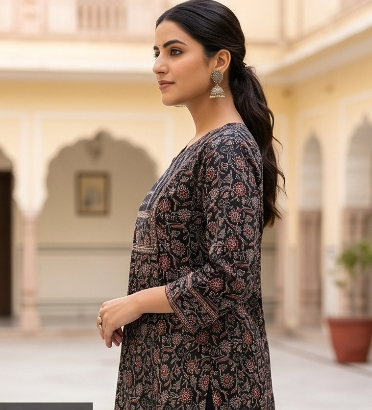 Mal Cotton Printed suit with angarakha yoke& kota dupatta