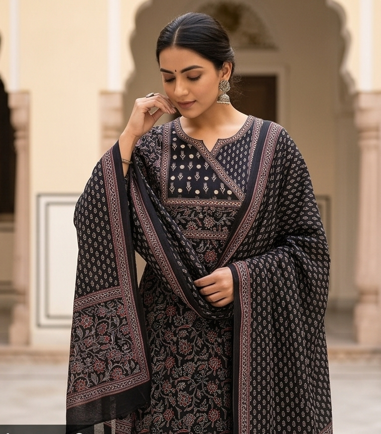 Mal Cotton Printed suit with angarakha yoke& kota dupatta