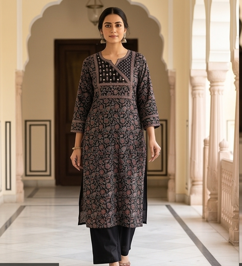Mal Cotton Printed suit with angarakha yoke& kota dupatta