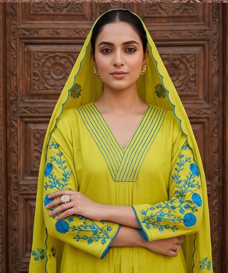 Mal Chanderi v neck blue emb. sleeve n dupatta