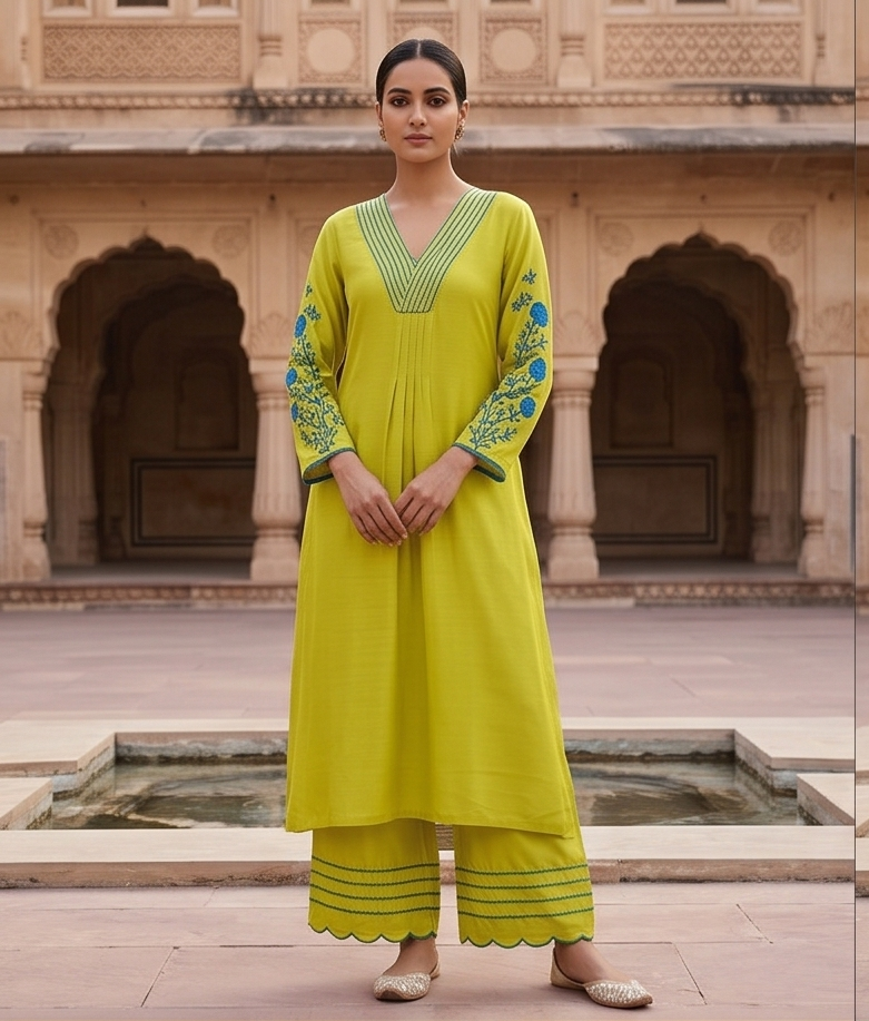 Mal Chanderi v neck blue emb. sleeve n dupatta