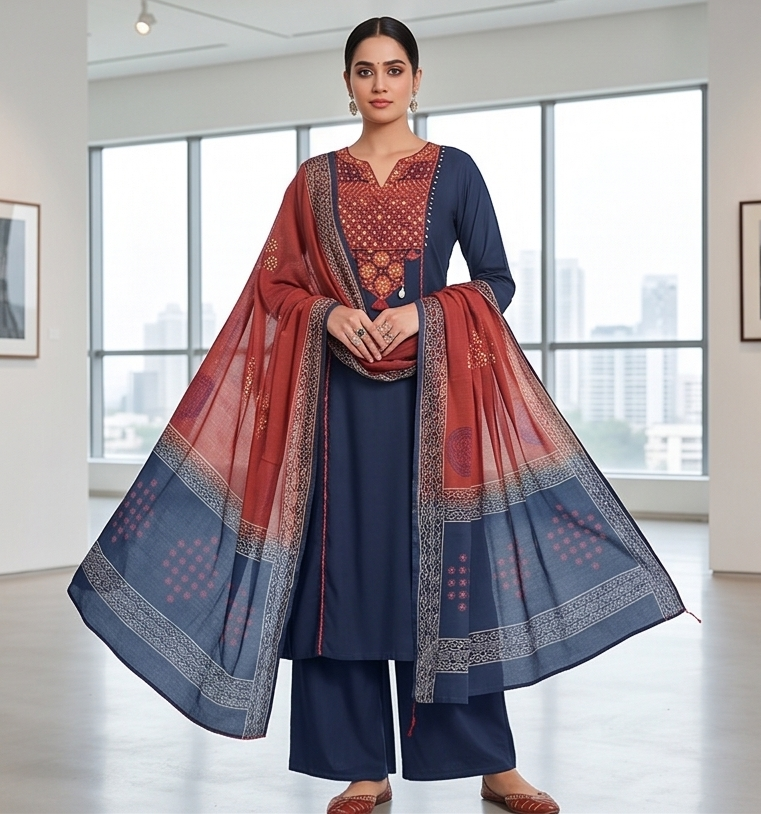 Fancy neck yoke mirror emb cotton suit with Dupatta