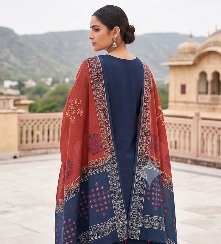 Fancy neck yoke mirror emb cotton suit with Dupatta