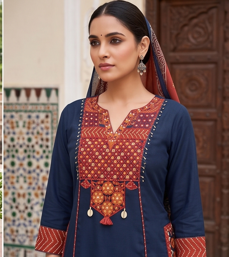 Fancy neck yoke mirror emb cotton suit with Dupatta