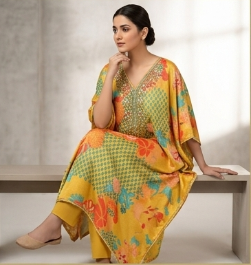 Kaftan set printed with Embroidery
