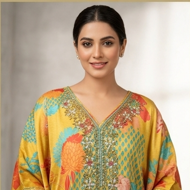 Kaftan set printed with Embroidery
