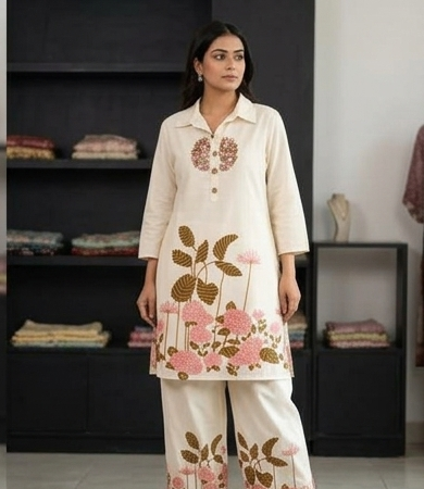 Cord set printed with neck embroidery