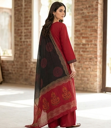 Fancy neck yoke mirror emb cotton suit with Dupatta