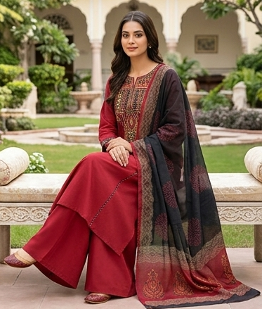 Fancy neck yoke mirror emb cotton suit with Dupatta