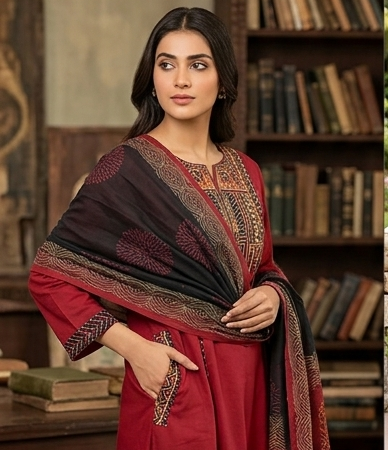 Fancy neck yoke mirror emb cotton suit with Dupatta