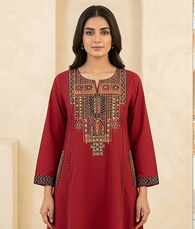 Fancy neck yoke mirror emb cotton suit with Dupatta