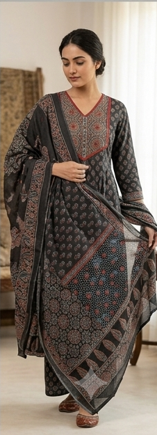 Azrak print Kalidar suit with dupatta