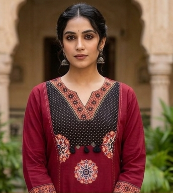 Gurjari print and applique work neck yoke with dupatta