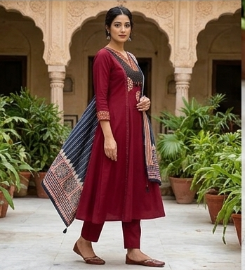 Gurjari print and applique work neck yoke with dupatta