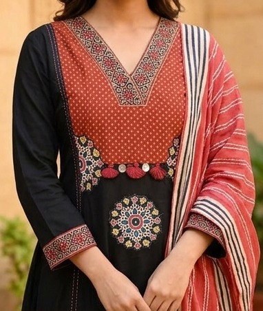 Gurjari print and applique work neck yoke with dupatta