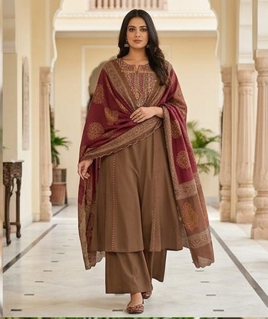 Fancy neck yoke mirror emb cotton suit with Dupatta