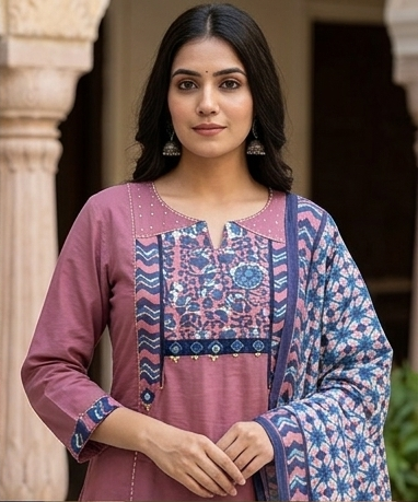 Azrak yoke with kantha stitch front n back with cotton dupatta