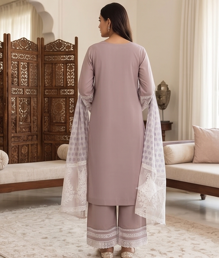 Pink n Lilac white embroidery with Polka dupatta
