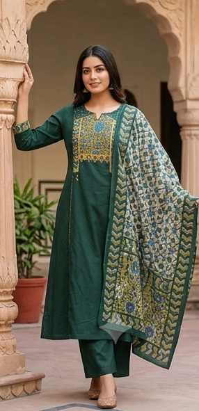 Azrak yoke with kantha stitch front n back with cotton dupatta