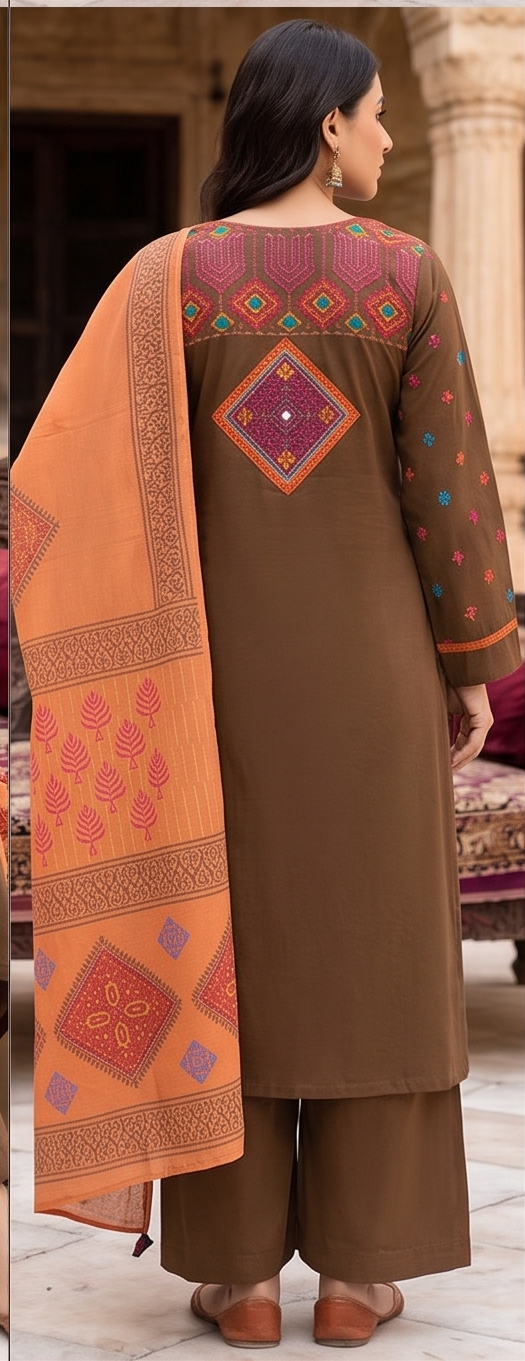 Square yoke with sleeve embroidery and orange dupatta