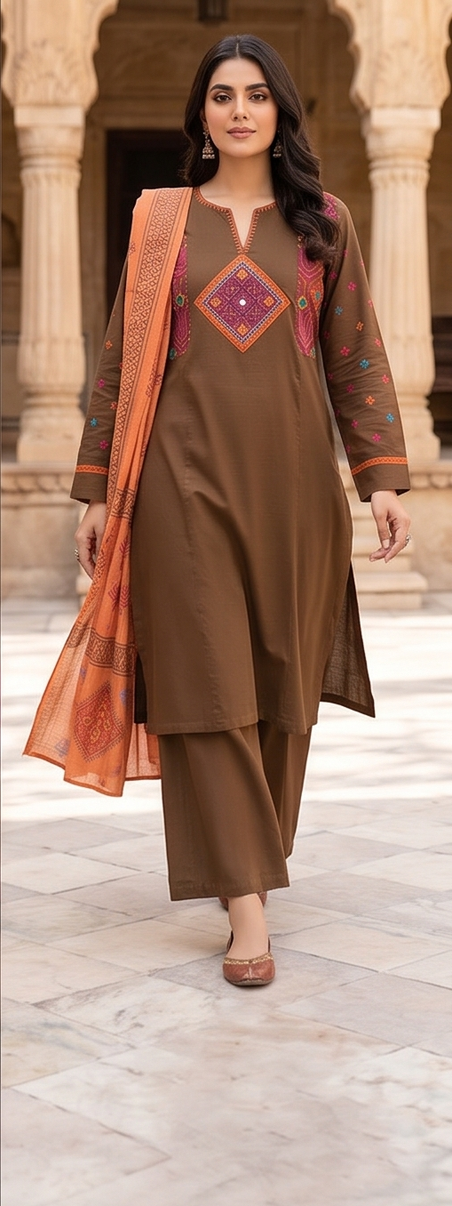 Square yoke with sleeve embroidery and orange dupatta