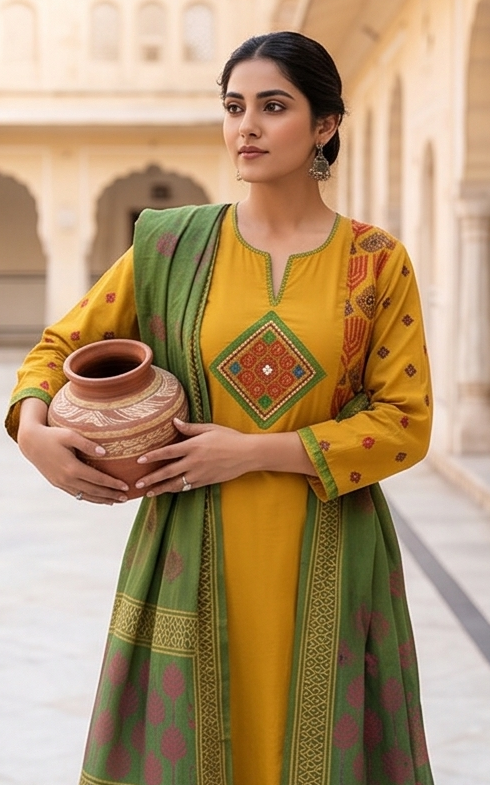 Square yoke with sleeve embroidery and green dupatta