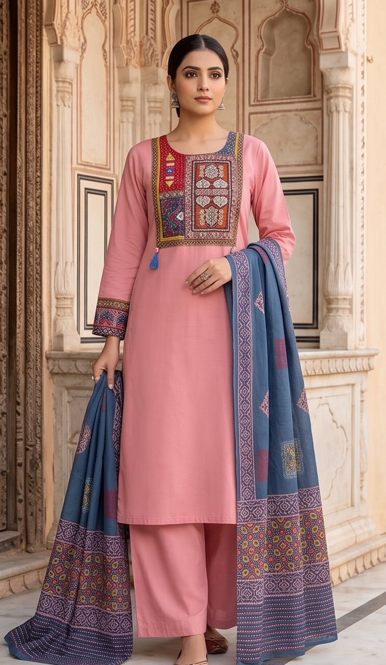 Maroon yoke aline kurta with blue dupatta
